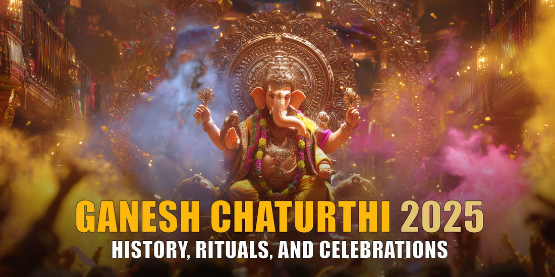 Majestic Lord Ganesha statue during vibrant Ganesh Chaturthi celebration with devotees gathering in procession colorful celebrations, and traditional Indian festival atmosphere