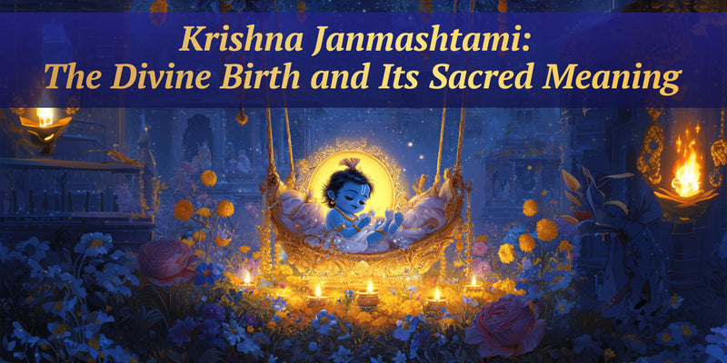 Krishna Janmashtami midnight celebration artwork featuring Lord Krishna in decorative jhula with glowing diyas, flower garlands and festive temple at