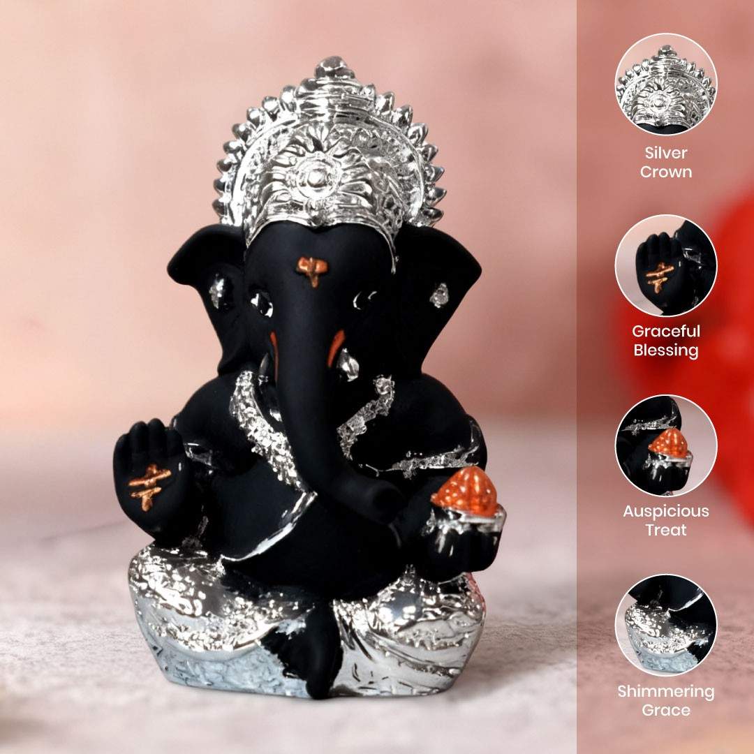 Black Silver Ganesha Idol for Car Dashboard & Gifting (3.3 Inches)
