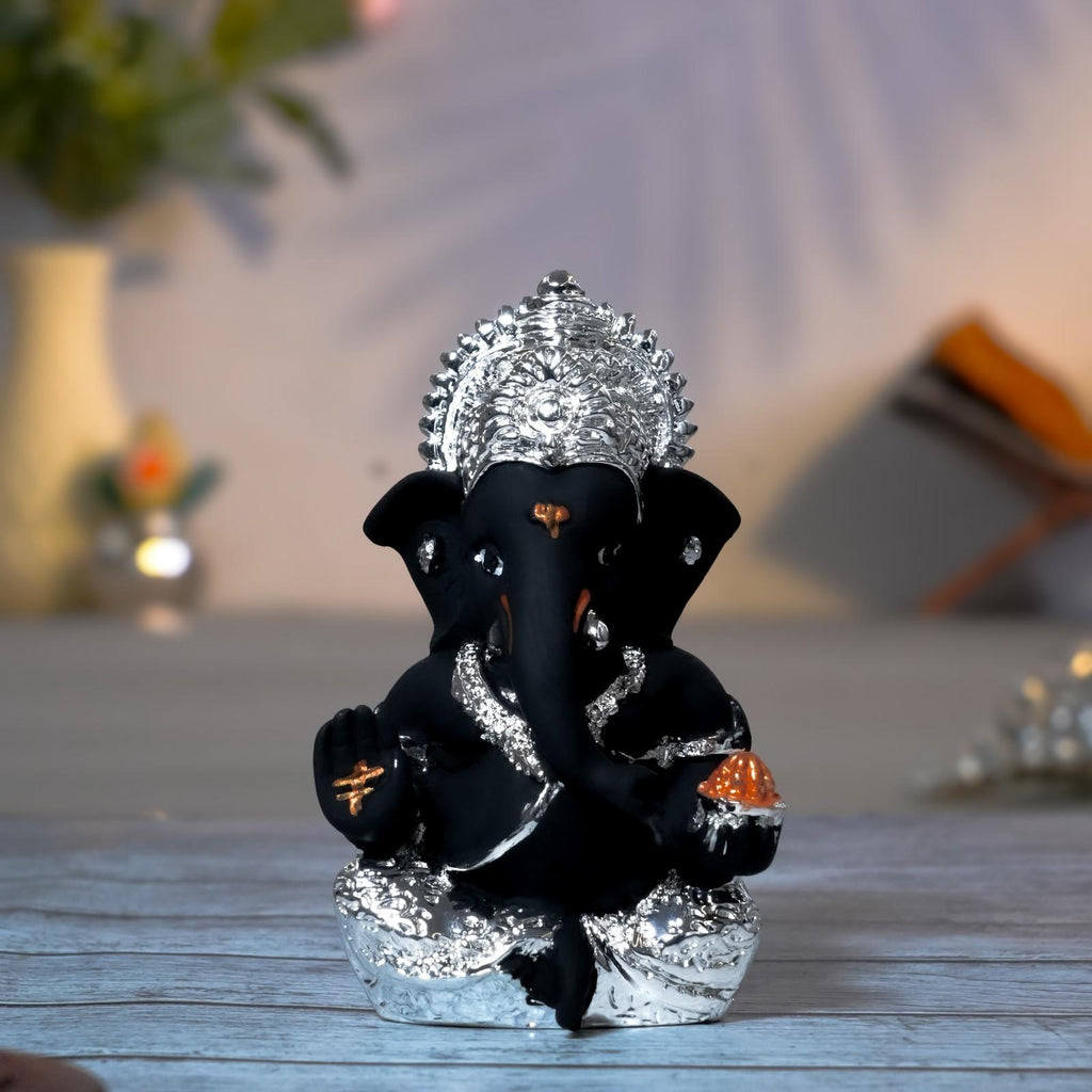 Black Silver Ganesha Idol for Car Dashboard & Gifting (3.3 Inches)