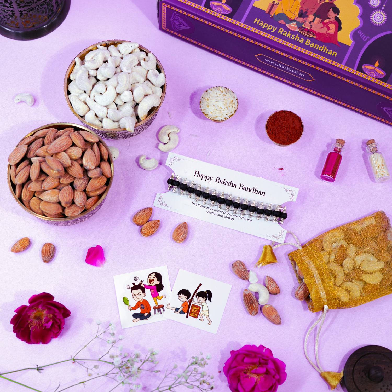 Karungali Rakhi with dry fruits, stickers, and puja items for Raksha Bandhan gifting.