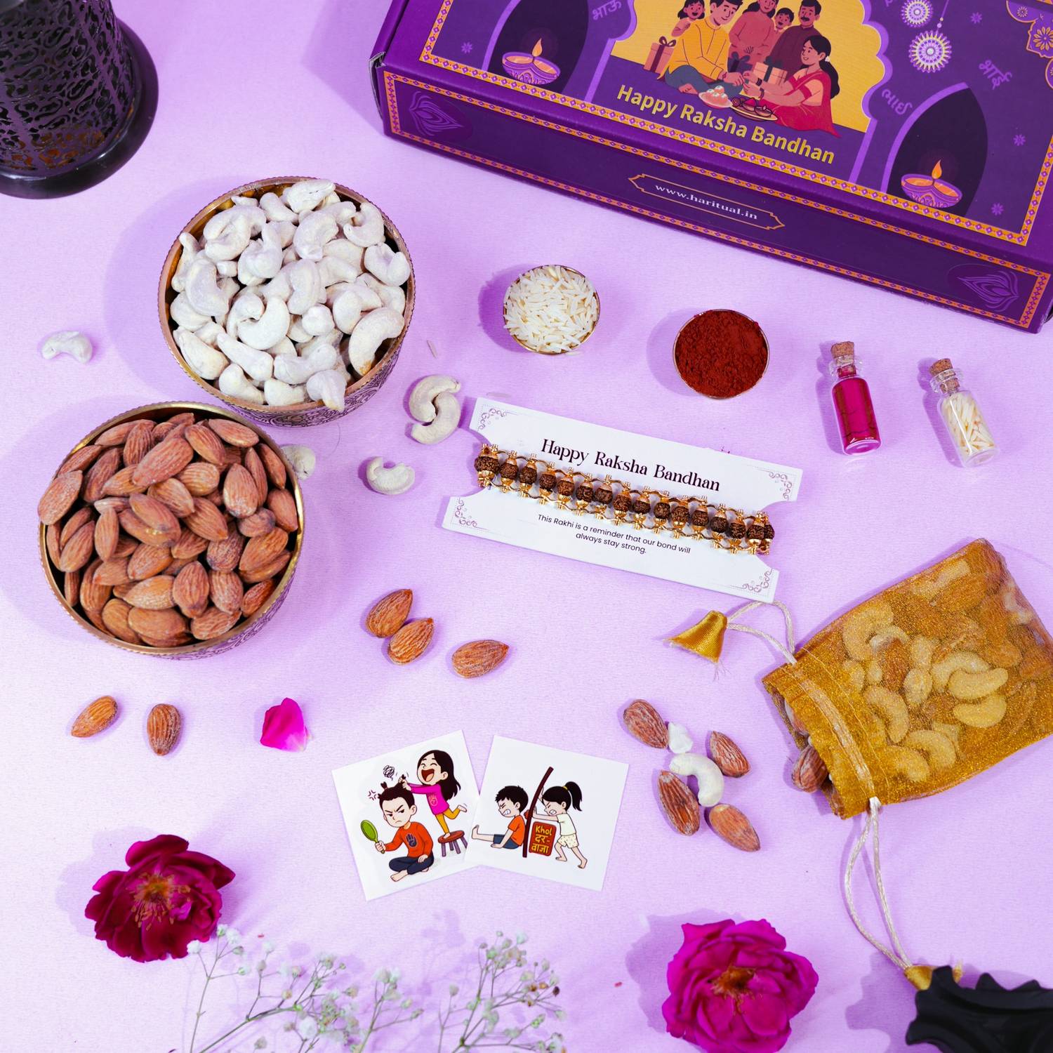 Festive Raksha Bandhan hamper featuring rudraksha bracelet, Dry fruits, kumkum, rice, and stickers.