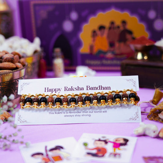 Dual Rakhi bracelet with Rudraksha and Karungali beads for Raksha Bandhan spiritual gift.