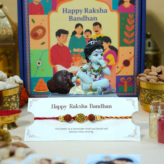 Rudraksha Rakhi with Laddoo Gopal idol for Raksha Bandhan spiritual gift hamper.