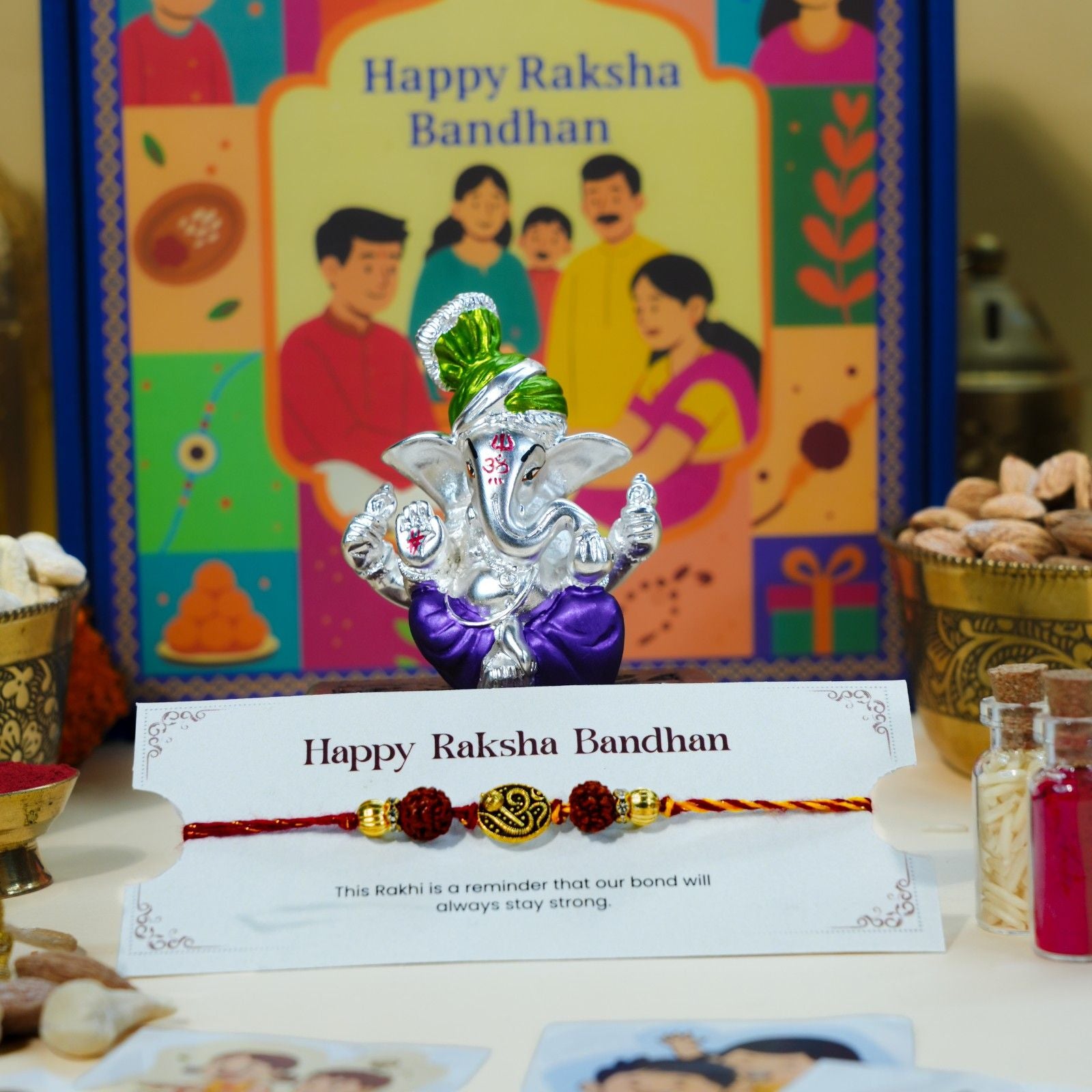 Rudraksha Rakhi with Pagdi Ganesha idol for Raksha Bandhan spiritual gifting.