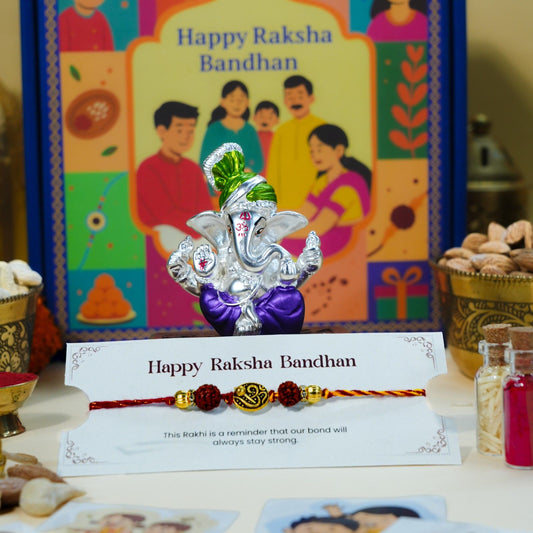Rudraksha Rakhi with Pagdi Ganesha idol for Raksha Bandhan spiritual gifting.