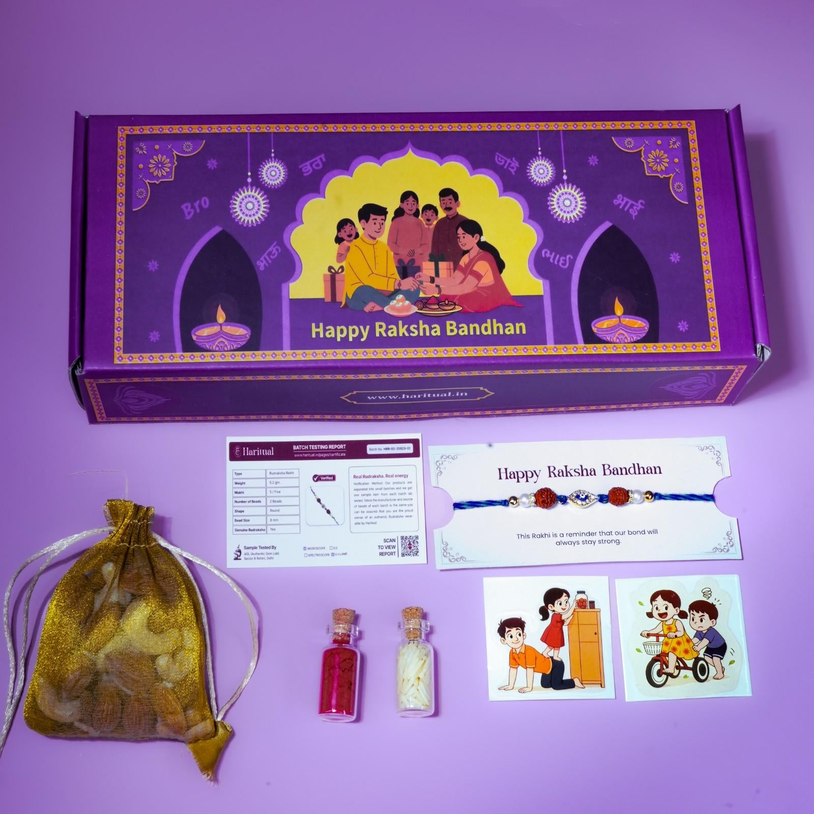 Evil eye and Rudraksha rakhi with batch report, memory stickers, and festive purple Rakhi box
