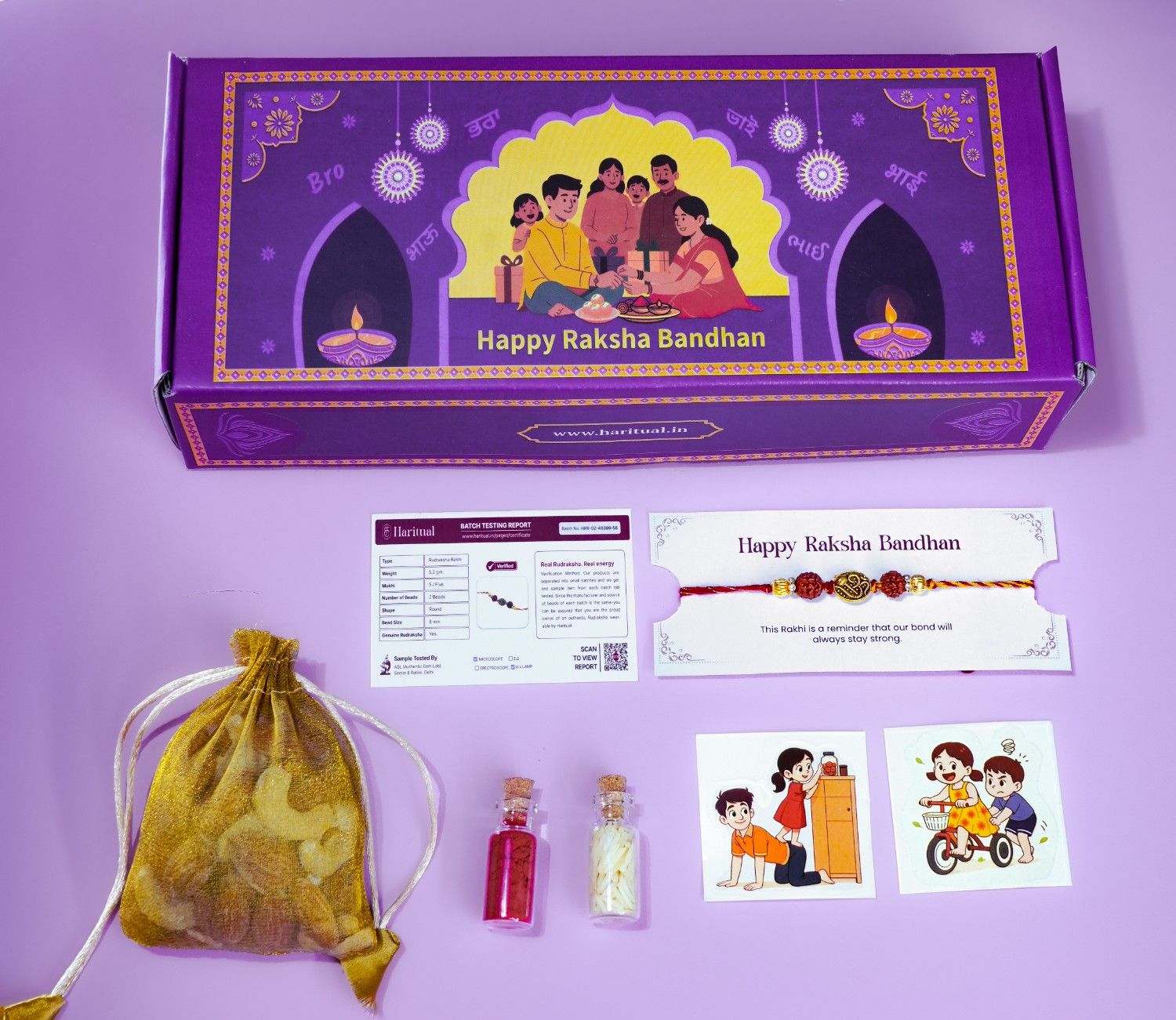 Rakhi gift box with rudraksha rakhi, authenticity card, dry fruits, and sibling-themed stickers.