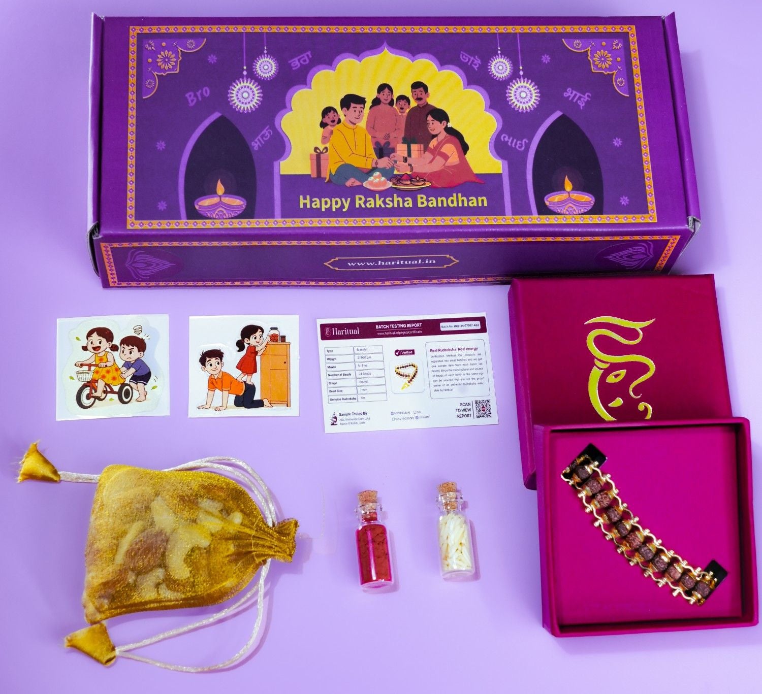 Rudraksha bracelet Rakhi in gift box with certificate, dry fruits, and Raksha Bandhan essentials.