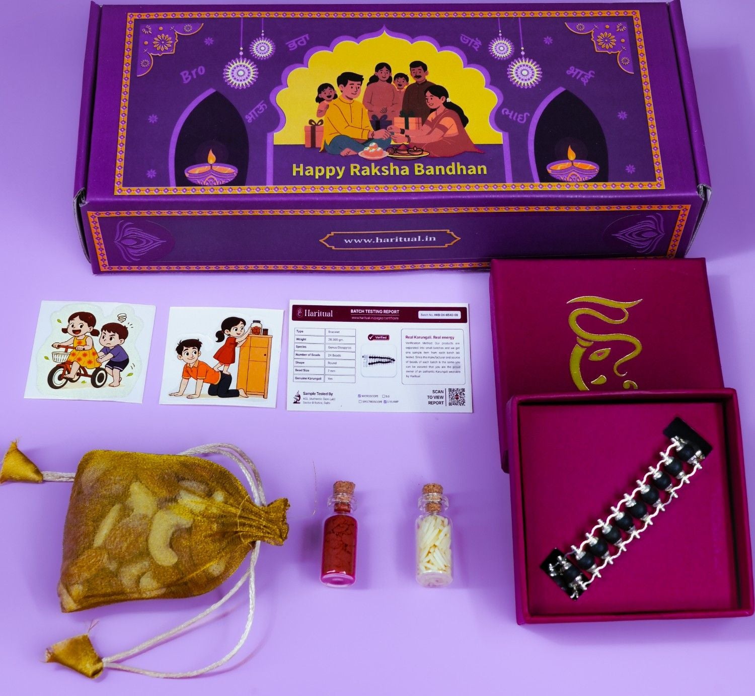 Karungali bracelet Rakhi with certificate, box, stickers, and festive essentials for Raksha Bandhan.