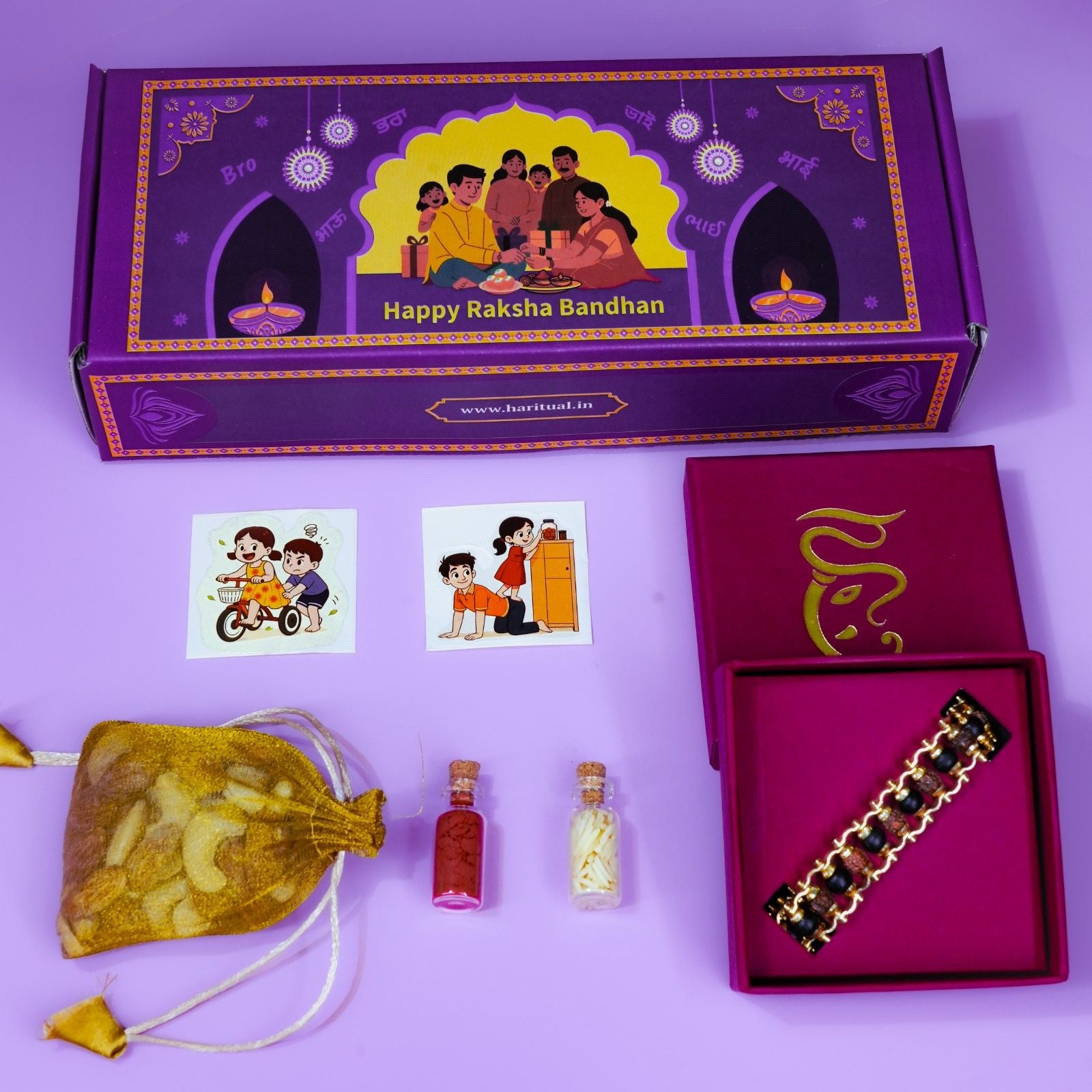Rudraksha and Karungali bracelet Rakhi with gift box, stickers, and Raksha Bandhan essentials.