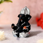 Black Silver Ganesha Idol for Car Dashboard & Gifting (3.3 Inches)