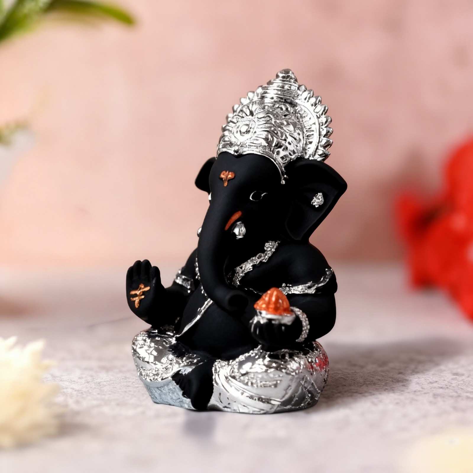 Black Silver Ganesha Idol for Car Dashboard & Gifting (3.3 Inches)