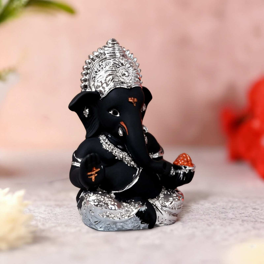 Black Silver Ganesha Idol for Car Dashboard & Gifting (3.3 Inches)