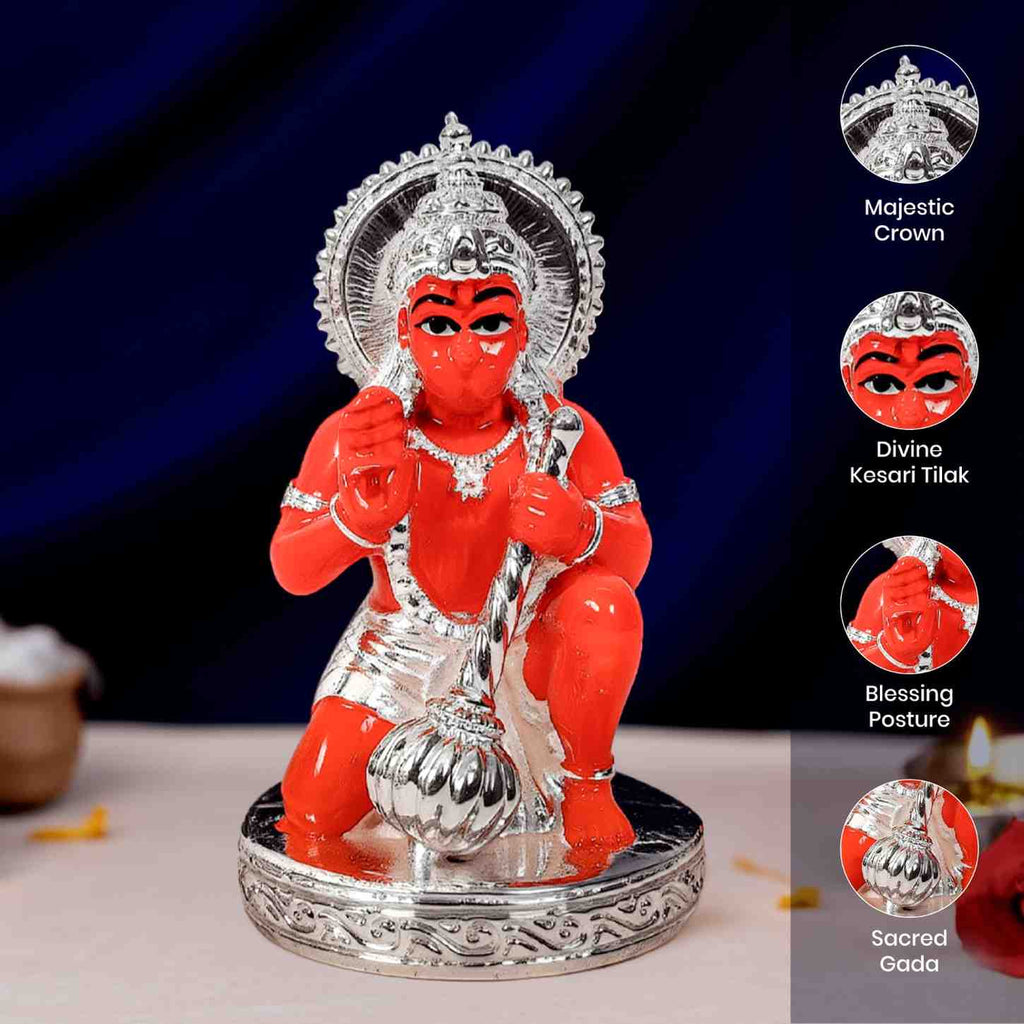 Silver Plated Kesari Hanuman Idol for Car Dashboard (3 Inch)