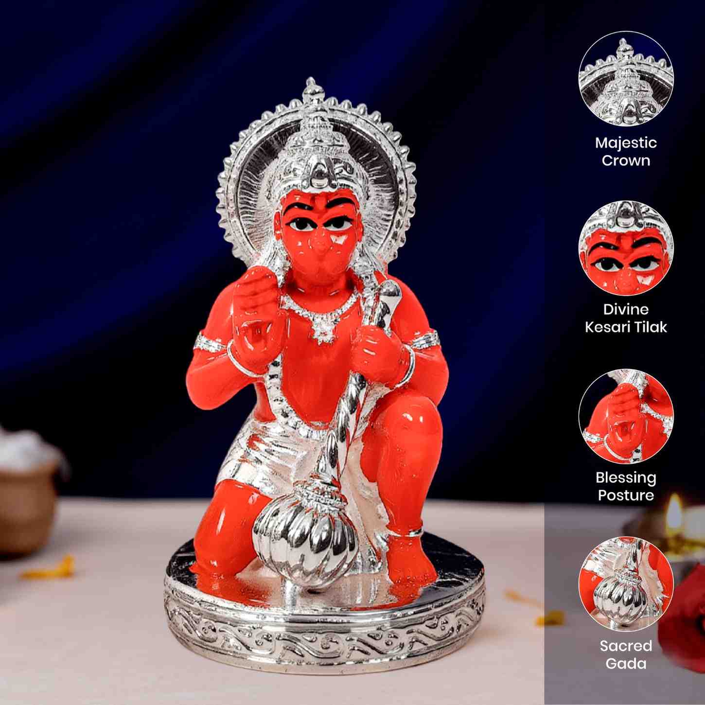 Silver Plated Kesari Hanuman Idol for Car Dashboard (3 Inch)