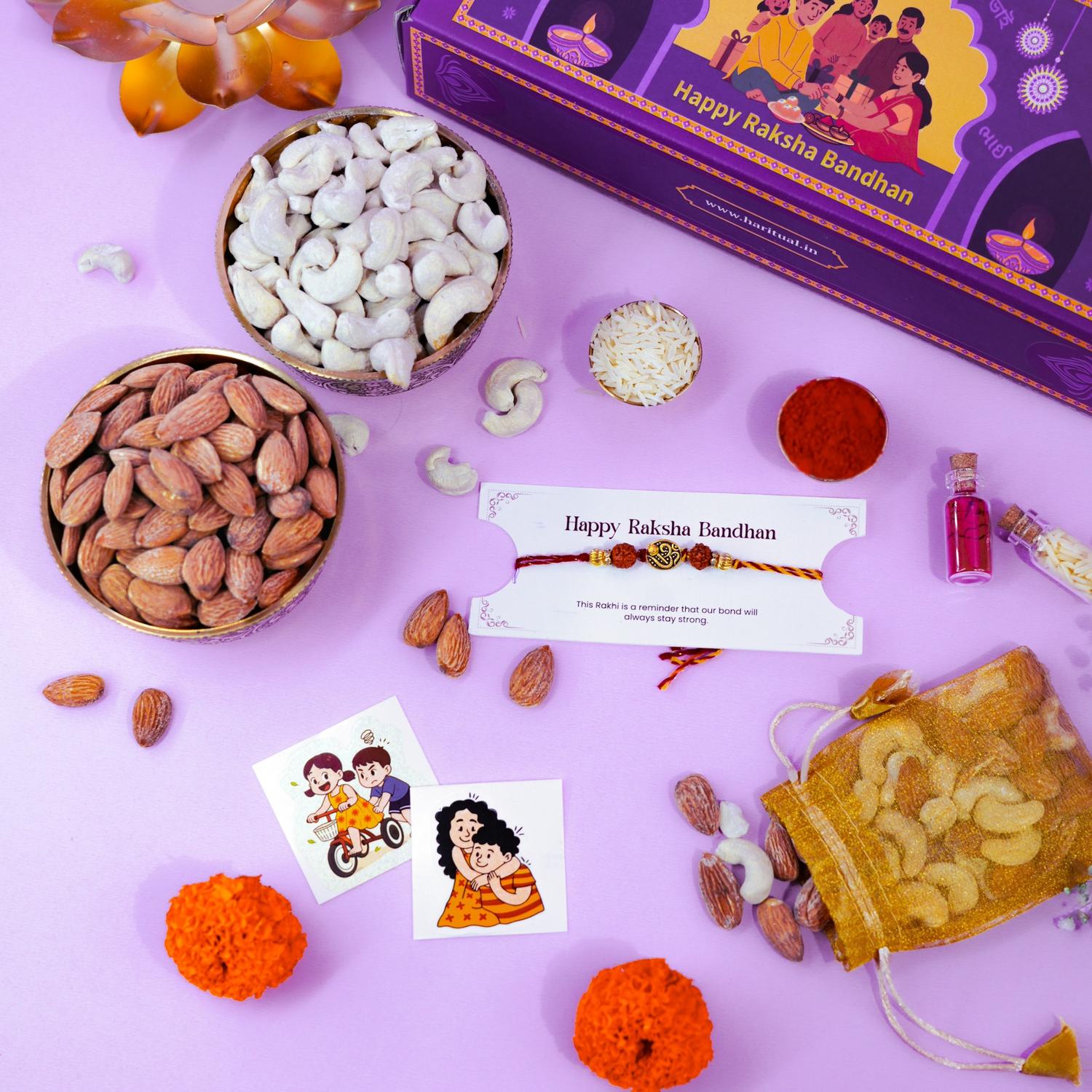 Rakhi with rudraksha beads placed among dry fruits, rakhi card, and celebration elements.